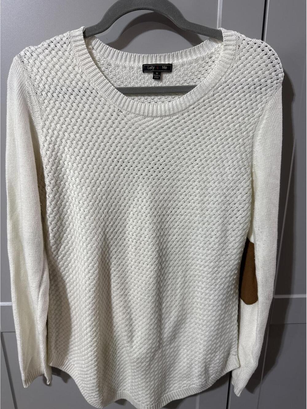 Cozy Cream Knit Sweater with Brown Elbow Patches - Size M